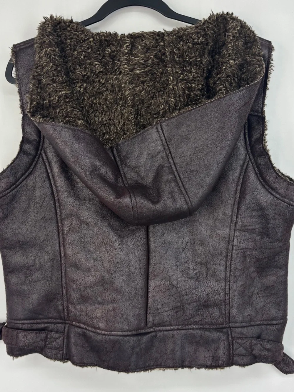 Black Rivet Womens XL Zip Front Hooded Moto Vest Brown Faux Leather Fur Trim